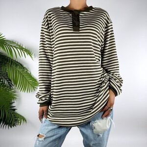 Vintage 90s Grunge Green Striped Granola Girl Long Sleeve Henley Shirt / Large